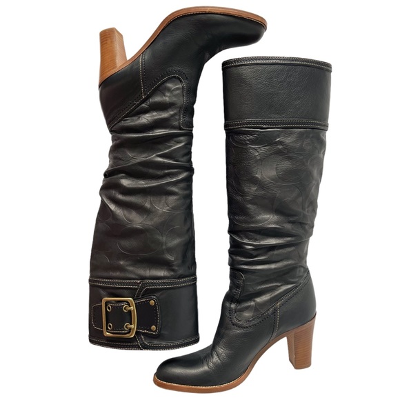 Coach Merridth Tall Logo Heeled Leather Boot in Black | 8.5 - Picture 3 of 11